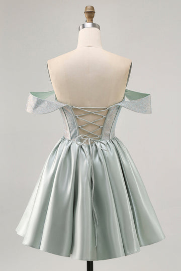 Light Green A-Line Off The Shoulder Corset Short Prom Dress with Beading